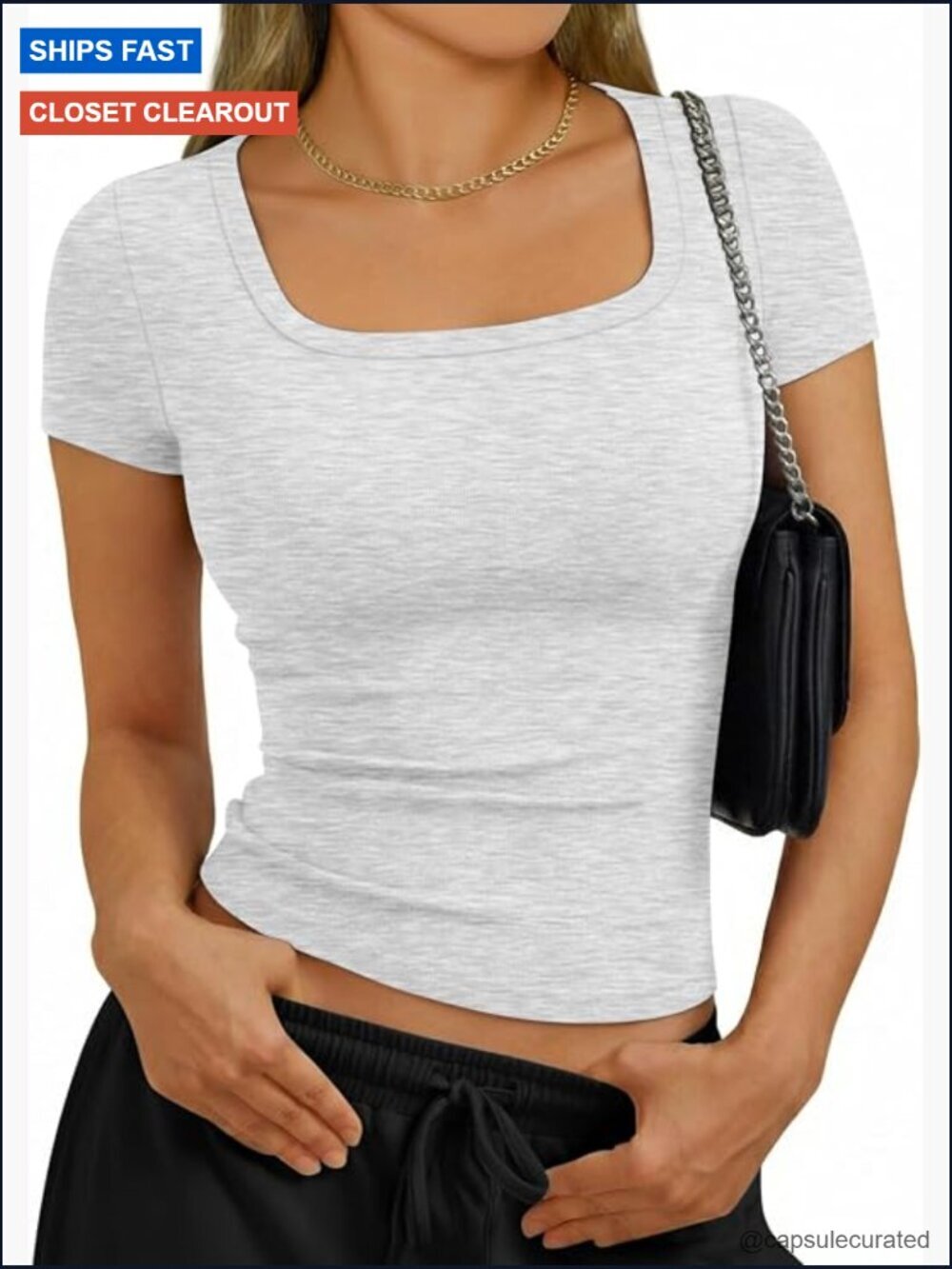 Women's Square Neck Crop Tee Slim Fit Y2K Short Sleeve T-Shirt